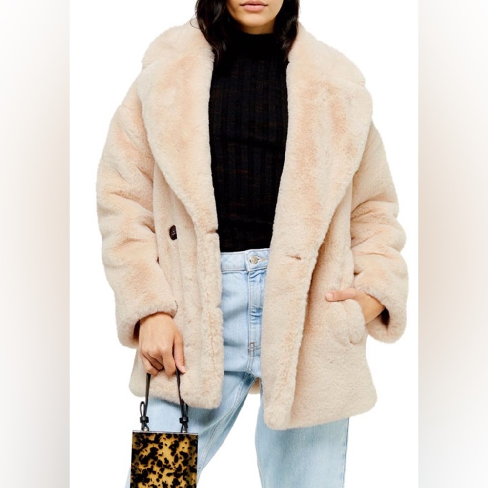 TOPSHOP Cream‎ Soft Faux Fur Double Breasted Coat size 12